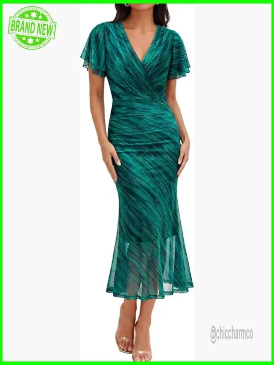 Floral Mesh Maxi Dress Ruched Ruffle Sleeve Bodycon Wedding Guest Cocktail - Picture 1 of 7